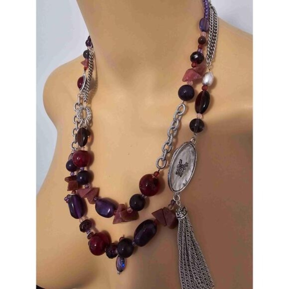 Coldwater Creek Red Purple Silver Beaded Multi Strand Necklace - Picture 6 of 14